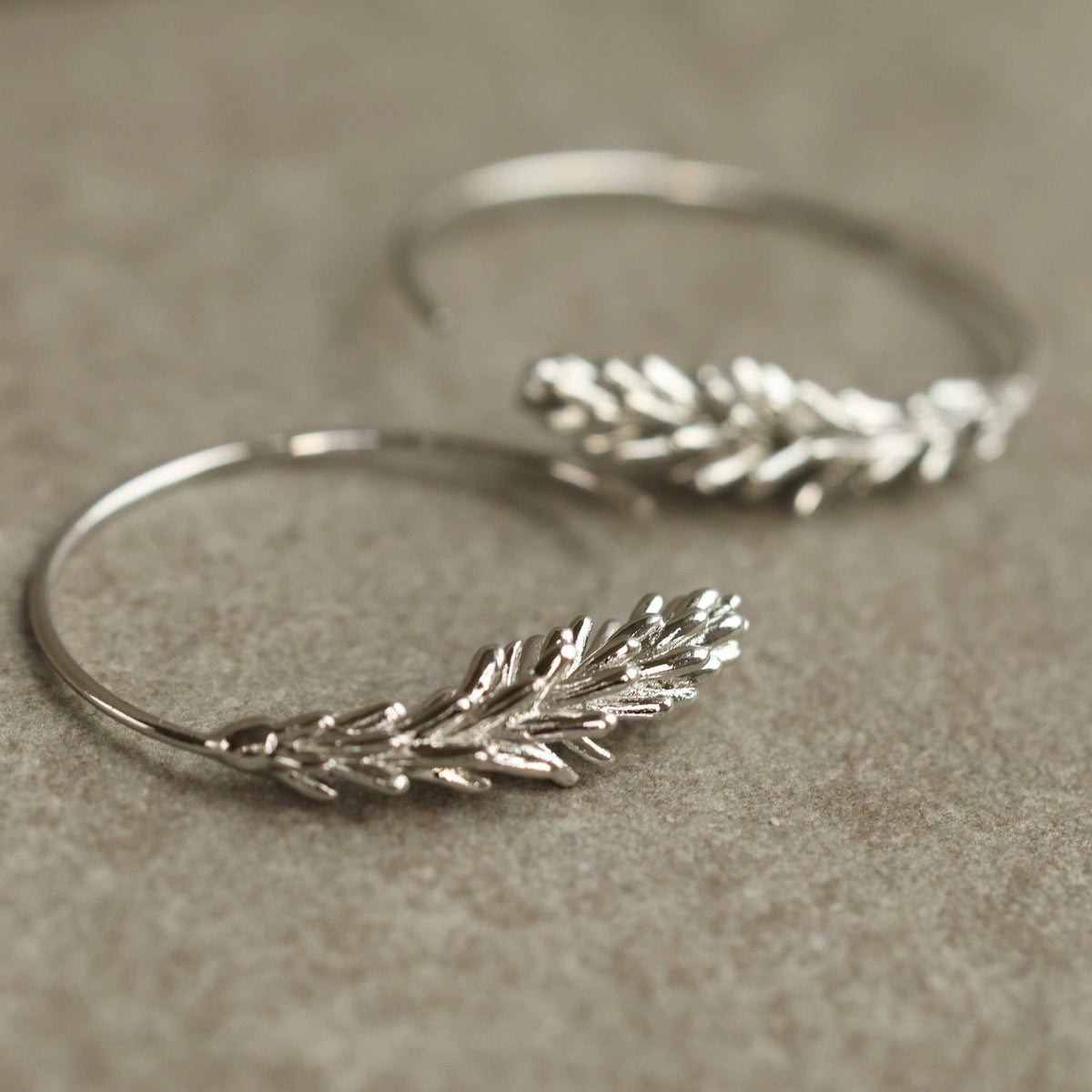Silver Rosemary Leaf Hoop Earrings